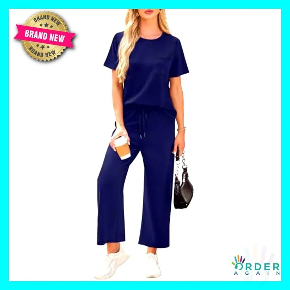 Women's Casual Two Piece Set Wide Leg Crop Pants Lounge Outfit Summer Travel